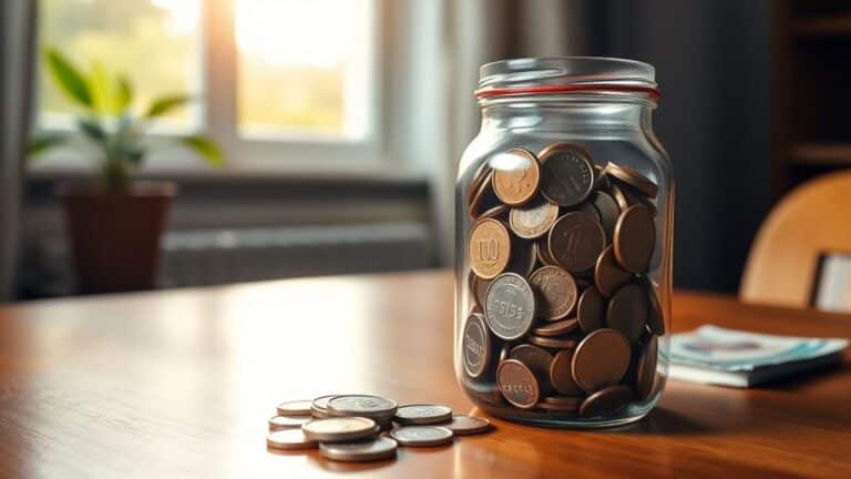 Pote de moedas e notas de reais sobre mesa de madeira.