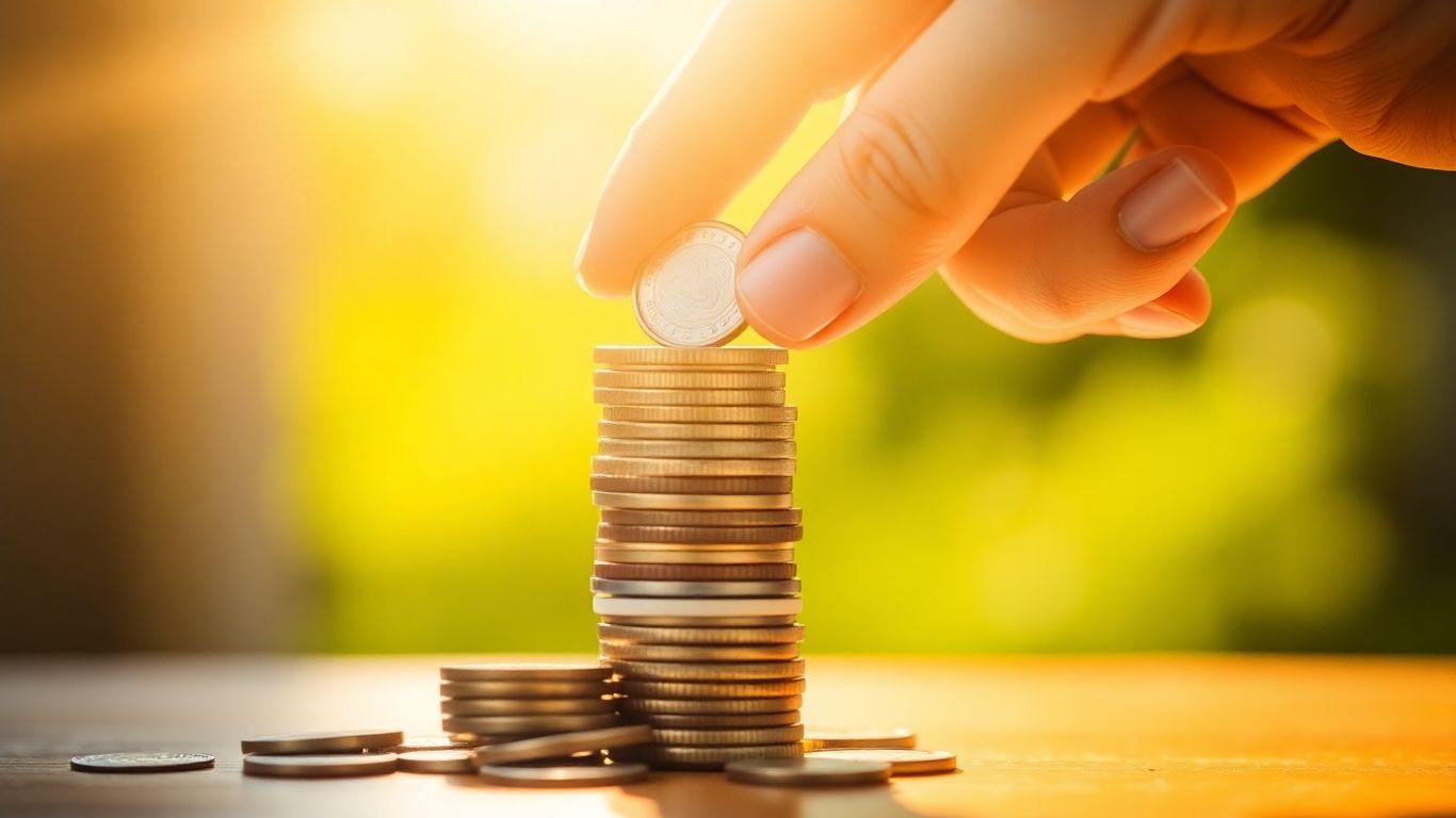 Mãos colocando moeda em pilha de moedas.